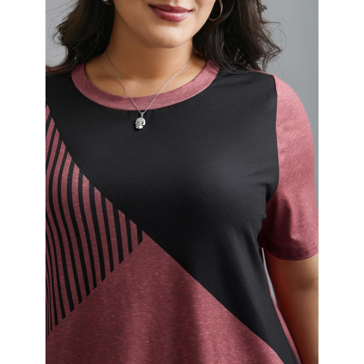 Plus Size Striped Print Contrast Stretchy T-Shirt Russet Women Casual Contrast Round Neck Everyday T-shirts BloomChic 10/M Product Image