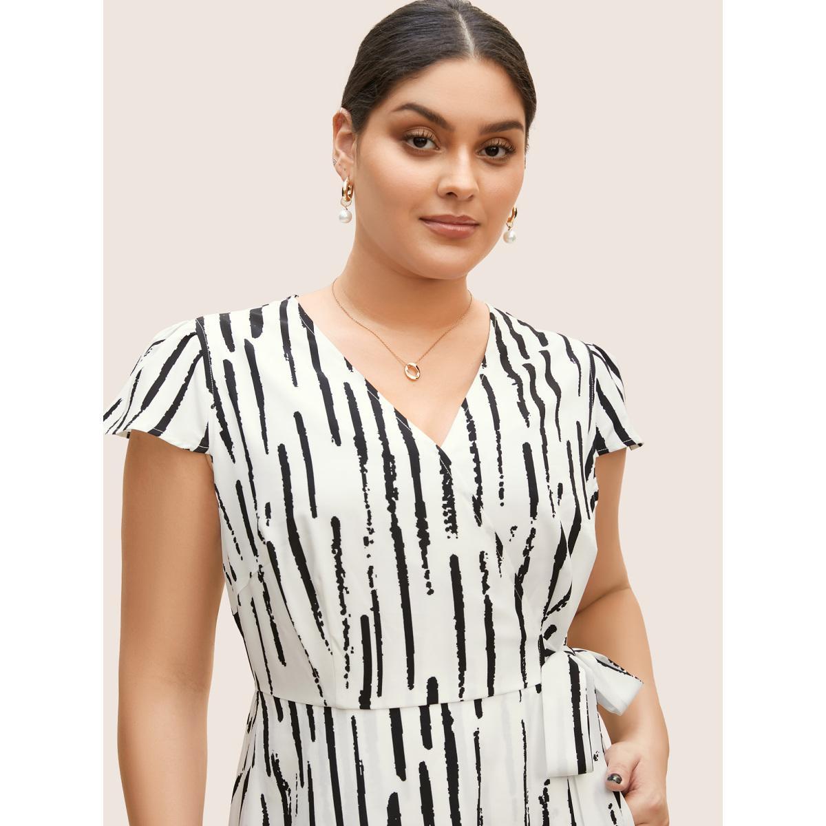 Plus Size Striped Wrap Tie Knot Cap Sleeve Midi Dress Originalwhite Women At the Office Tie knot V-neck Cap Sleeve Curvy BloomChic 22-24/3X Product Image