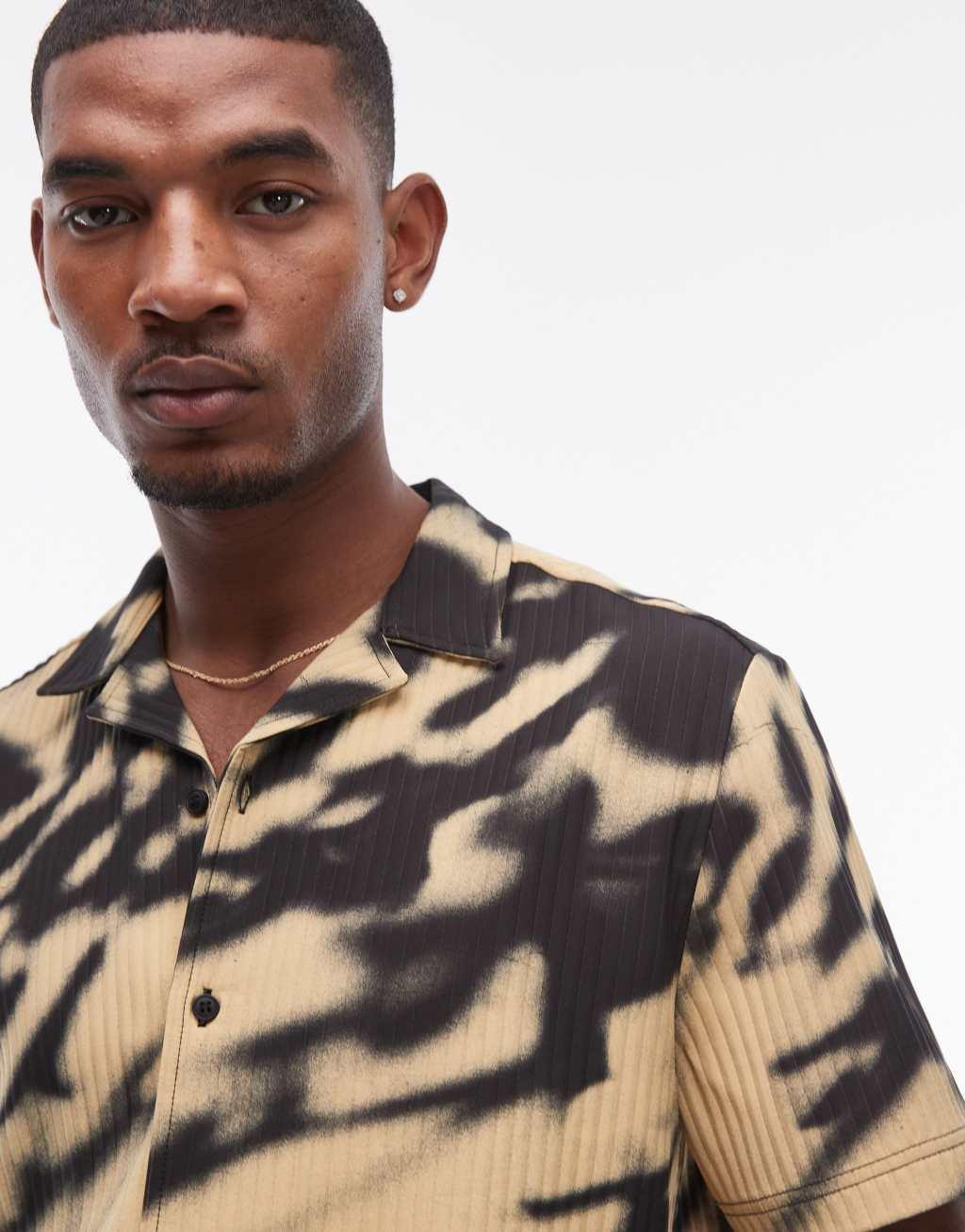 Topman short sleeve blurred printed plisse shirt in black - part of a set Product Image