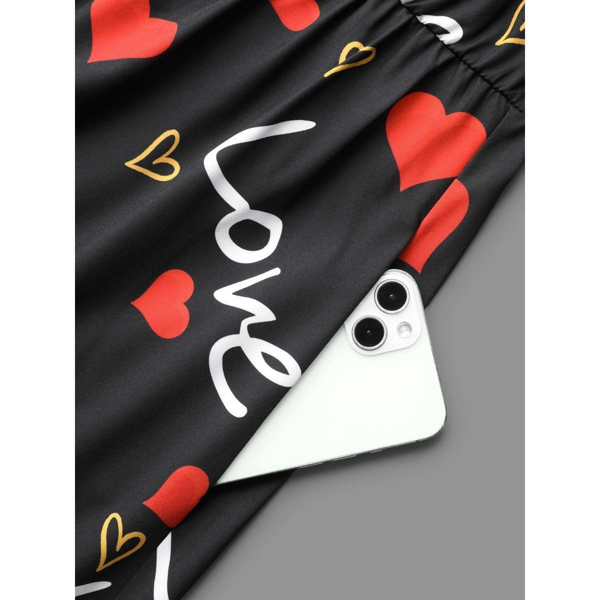 Plus Size Notched Collar Heart Print Tiered Midi Dress Black Women Elegant Non Flat collar with V-notch Elbow-length sleeve Curvy BloomChic 10/M Product Image