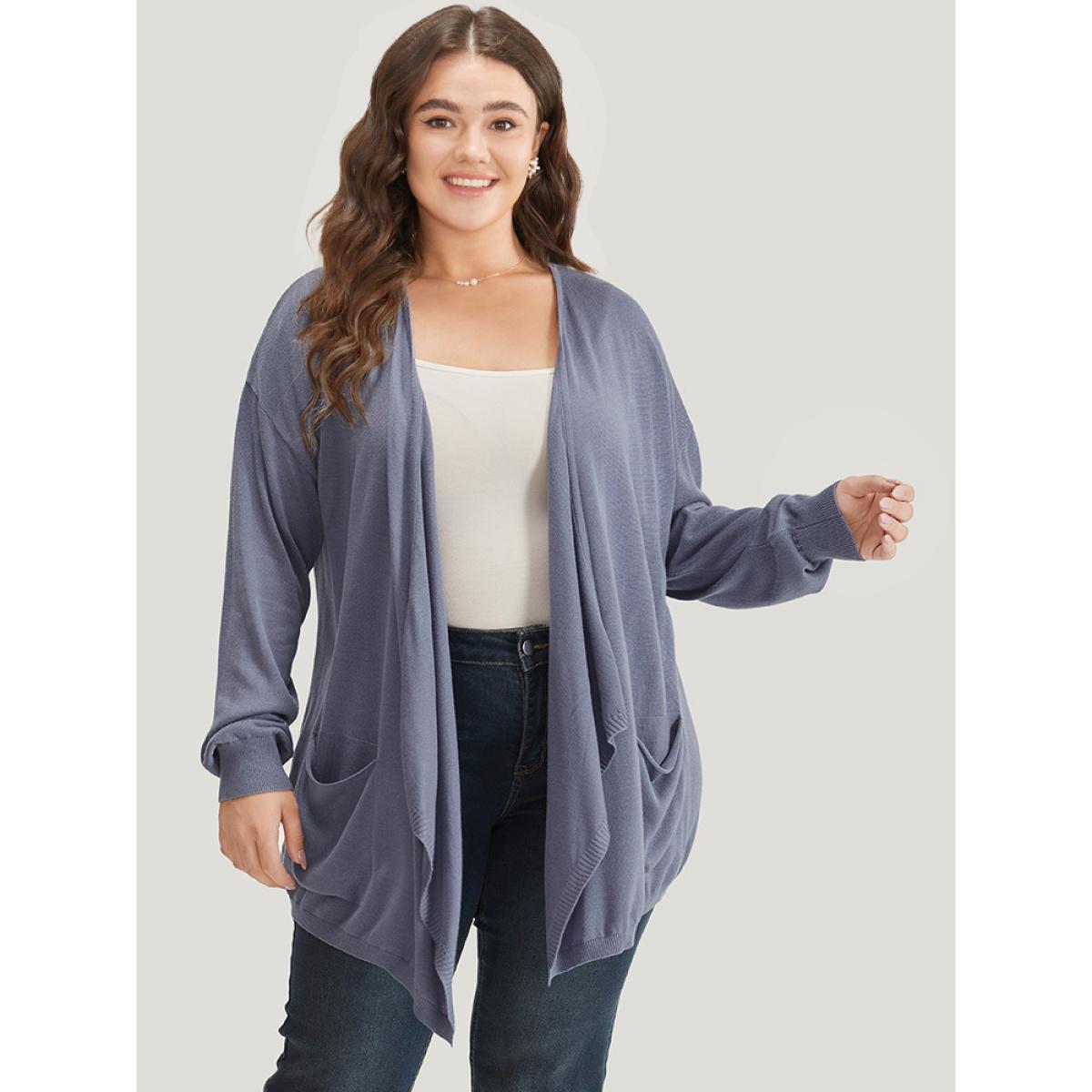 Plus Size Supersoft Essentials Solid Lapel Collar Patched Pocket Cardigan Stone Women Casual Loose Long Sleeve Dailywear Cardigans BloomChic 22-24/3X Product Image