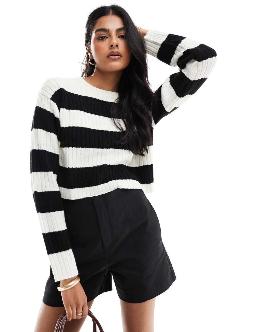 JJXX cropped boxy stripe ribbed sweater in black & beige Product Image