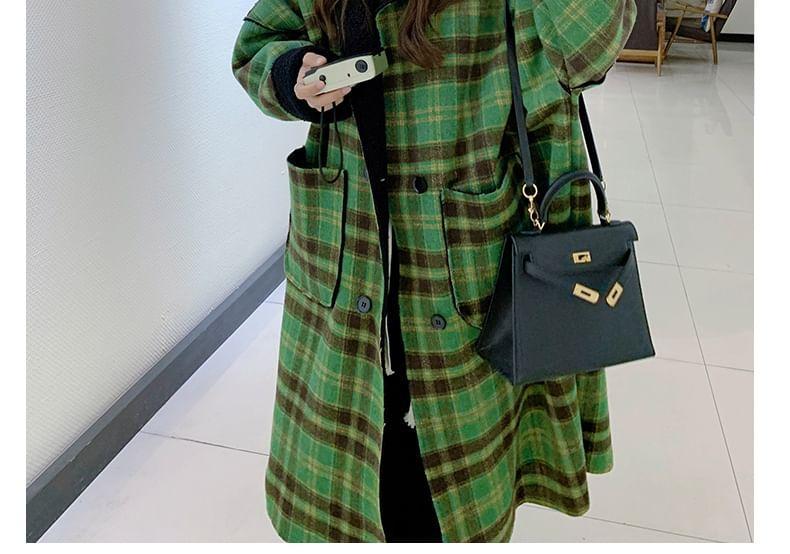 Lapel Collar Plaid Reversible Fleece-Lined Double-Breasted Long Coat Product Image