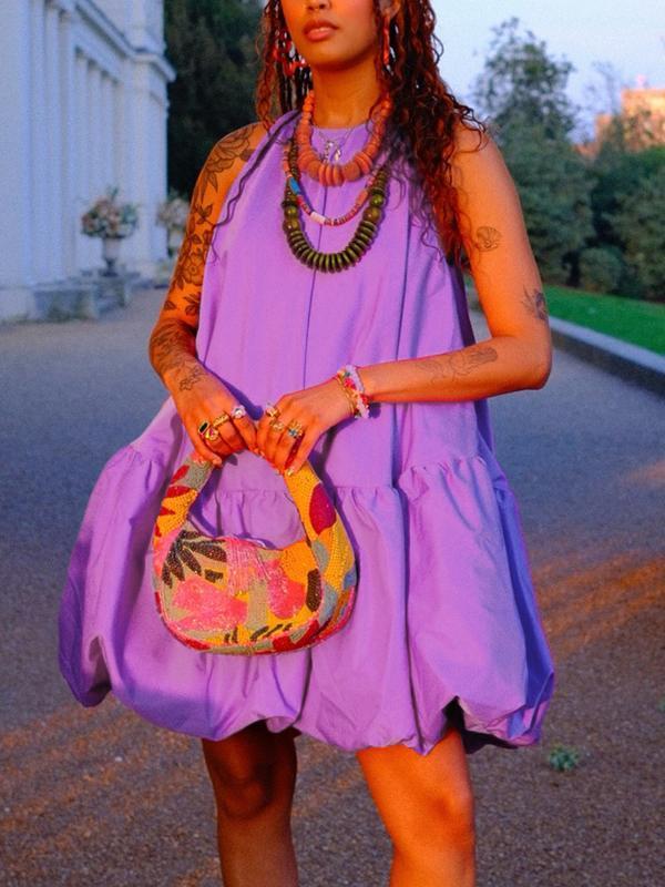 High Waisted Loose Pleated Solid Color Round-Neck Mini Dresses Product Image