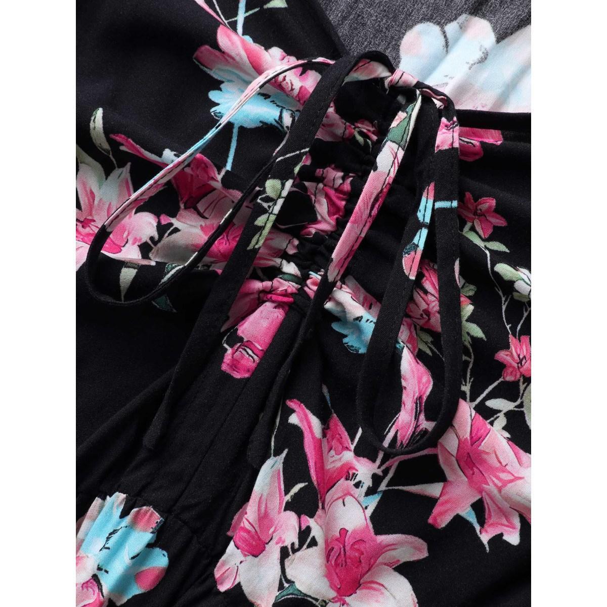 Plus Size Floral Adjustable Bust Drawstring Midi Dress Black Women Heart neckline Elbow-length sleeve Curvy BloomChic 18-20/2X Product Image