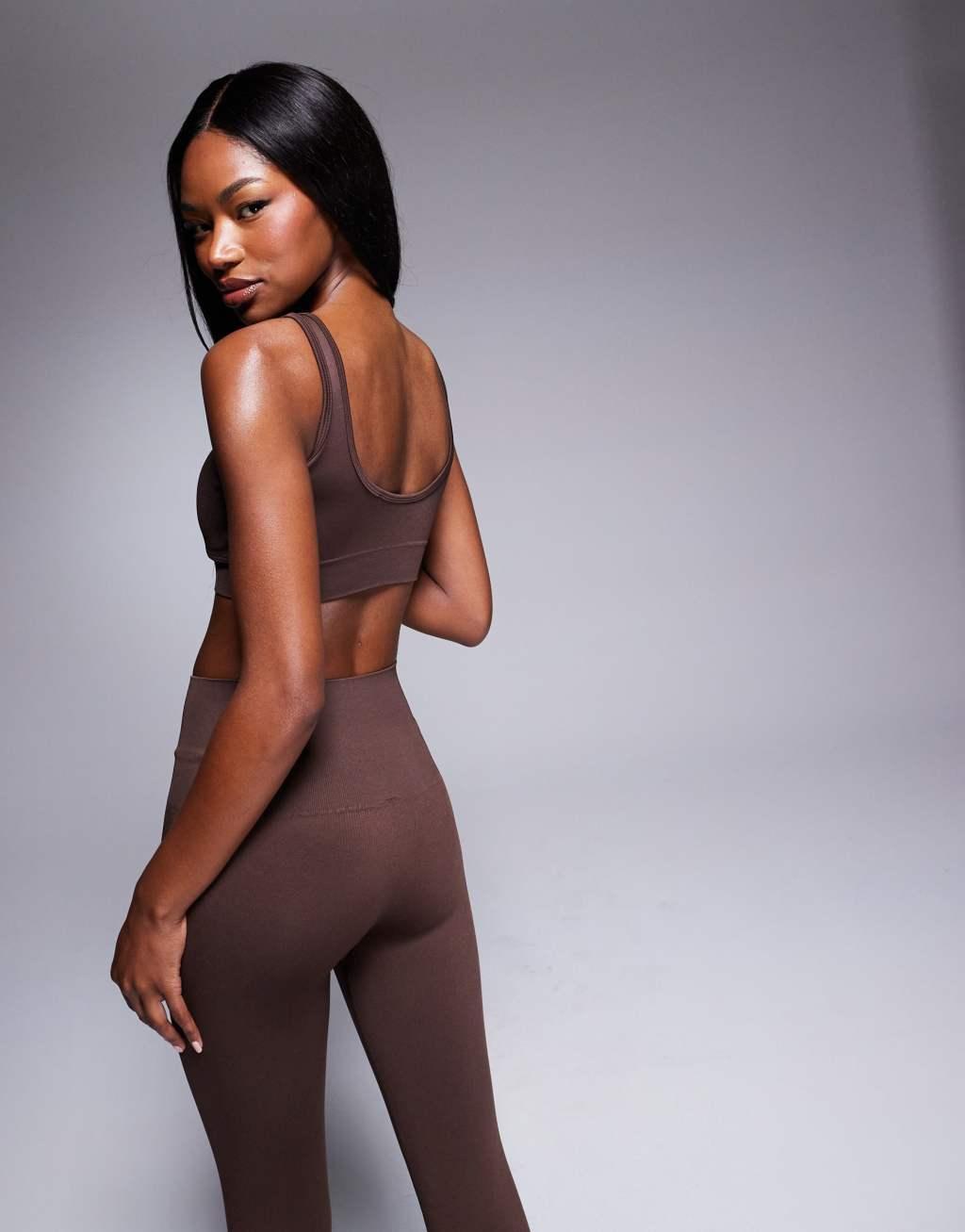 ASOS 4505 smooth seamless v neck tank top mid support bra in mahogany Product Image