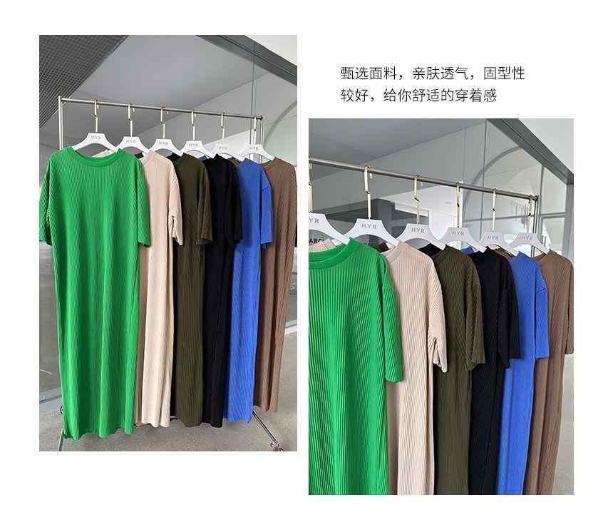 Short-Sleeve Crew Neck Plain Ribbed Maxi Smock Dress Product Image