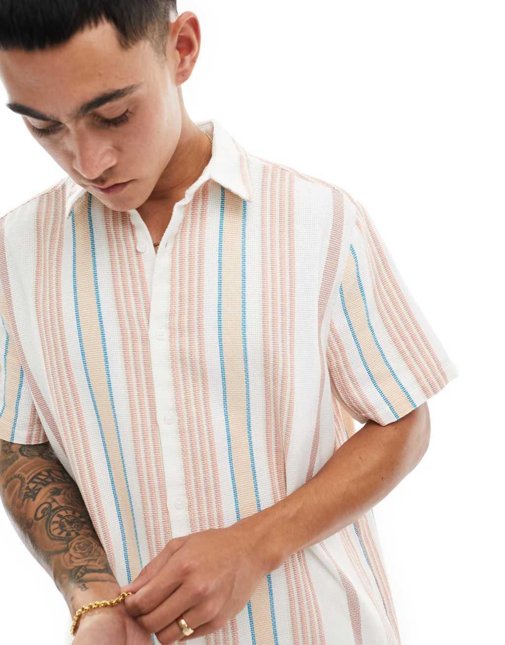 ASOS DESIGN relaxed shirt in tonal basket weave stripe Product Image