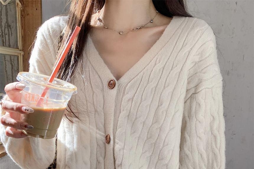 V-Neck Plain Cable Knit Cardigan Product Image