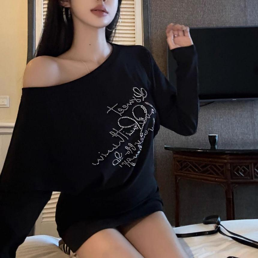 Long Sleeve Cold-Shoulder Lettering Rhinestone Mini Bodycon Dress Product Image
