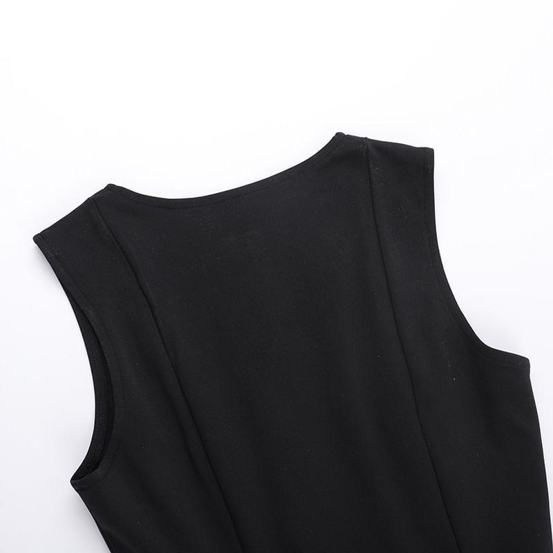 Sleeveless Round Neck Plain Button Mini A-Line Dress Product Image