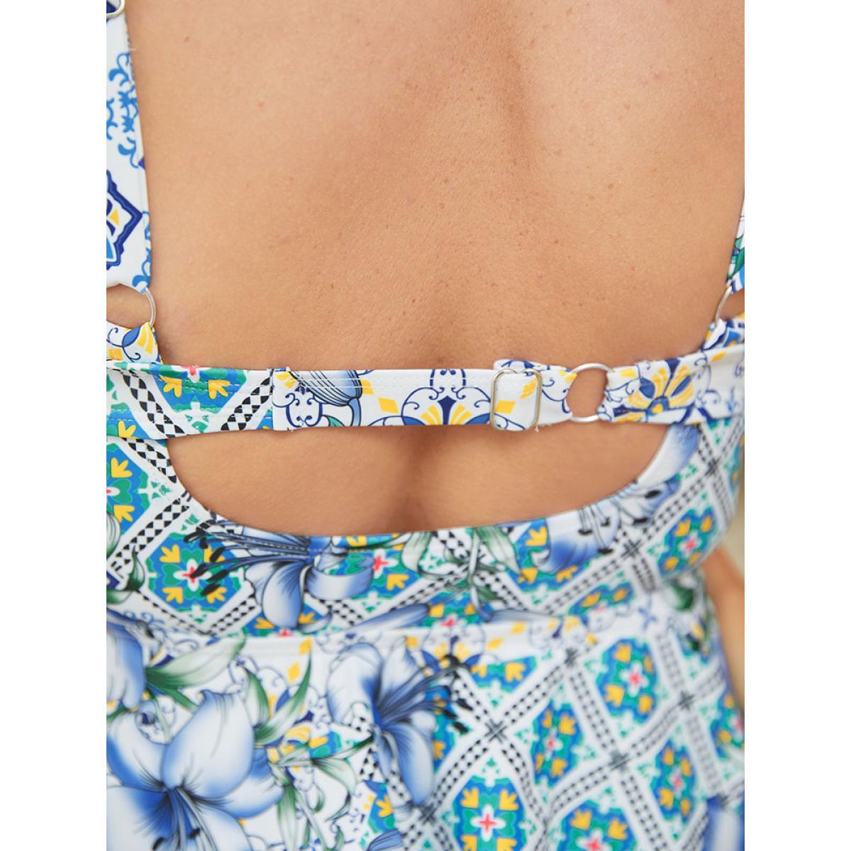 Plus Size Floral Ruched Knotted Split Front Cut Out Swim Dress Women's Swimwear Multicolor Bodycon V-neck High stretch Curve Swim Dresses BloomChic 14-16/1X Product Image