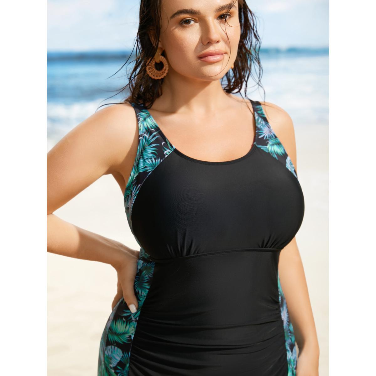 Plus Size U Neck Tropical Print Patchwork One Piece Swimsuit Women's Swimwear Black Beach Gathered Curve Bathing Suits High stretch One Pieces BloomChic 10/M Product Image