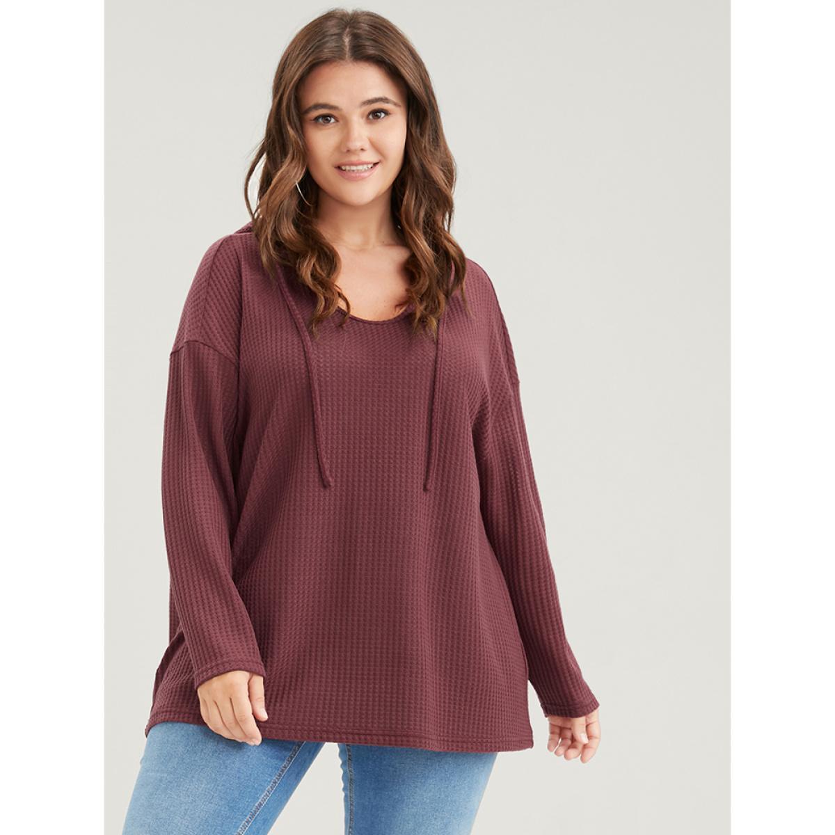 Plus Size Plain Ties Waffle Knit Hooded Sweatshirt Women Scarlet Casual Plain Hooded Dailywear Sweatshirts BloomChic 12/L Product Image