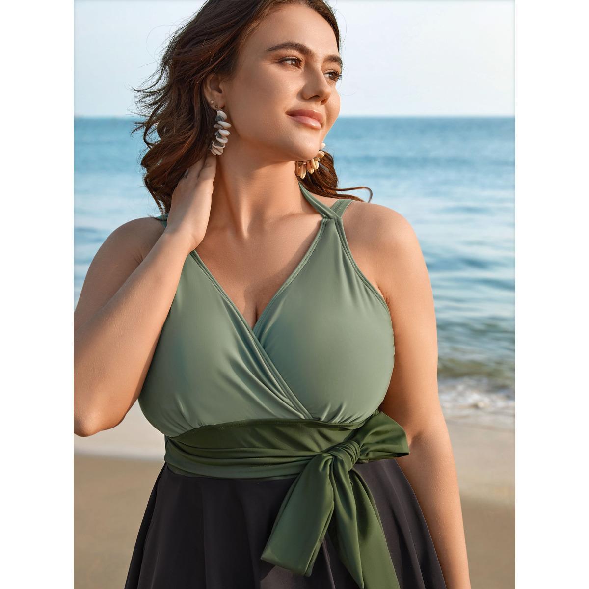 Plus Size Color-Block Panelled Waist-Tie Swim Dress Women's Swimwear ArmyGreen Beach Bodycon Overlap Collar High stretch Curve Swim Dresses BloomChic 10/M Product Image