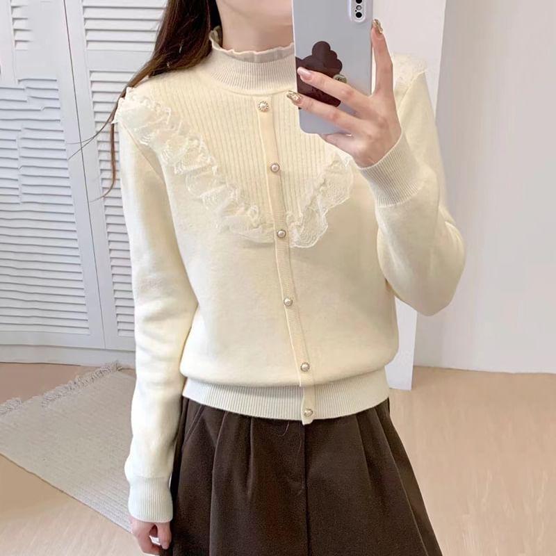 Long-Sleeve Mock Neck Plain Faux Pearl Accent Lace Panel Frill Trim Knit Top Product Image