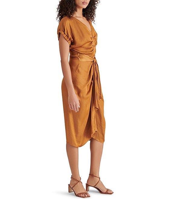 Steve Madden Bruno Satin V-Neck Short Sleeve Wrap Midi Dress Product Image