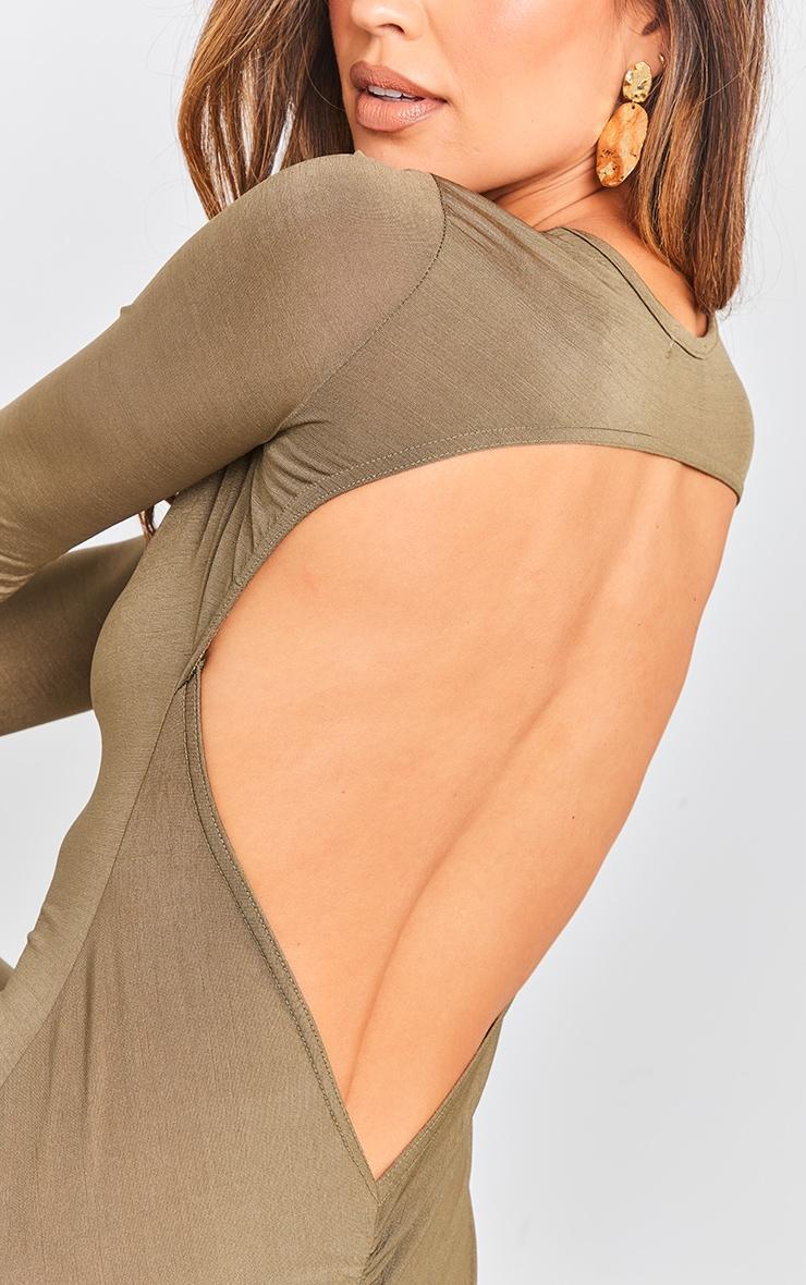  Khaki Long Sleeve Open Back Ruched Detail Maxi Dress Product Image