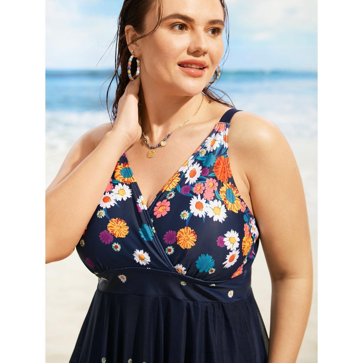 Plus Size Overlap Collar Floral Patchwork Mesh Swim Dress Women's Swimwear Indigo Beach Bodycon Overlap Collar High stretch Curve Swim Dresses BloomChic 30/6X Product Image