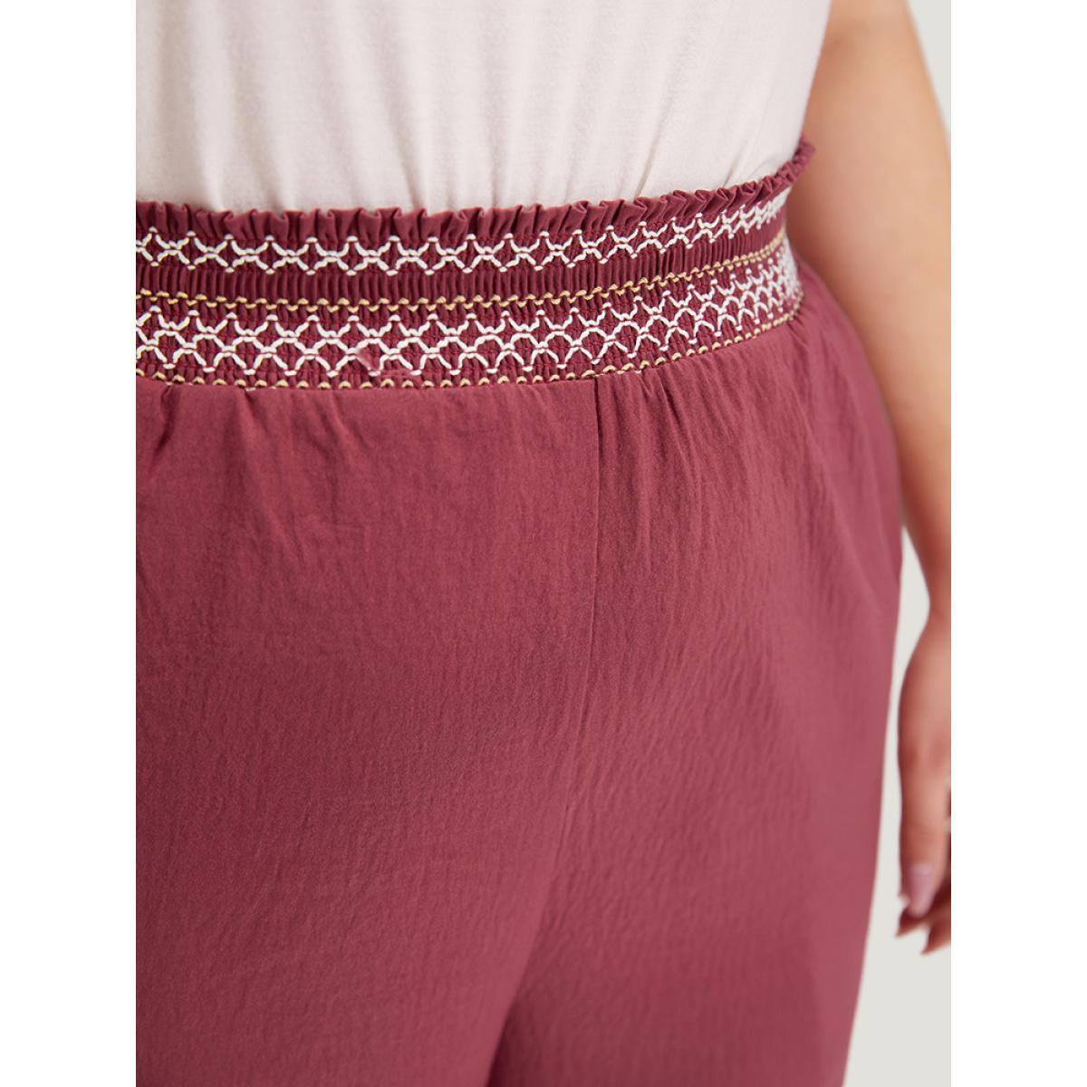 Plus Size Contrast Pocket Shirred Paperbag Waist Carrot Pants Women Burgundy Elegant High Rise Dailywear Pants BloomChic 26/4X Product Image