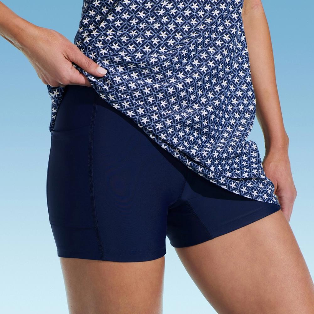 Lands' End Women's Swim Dress with Interior Shorts - Navy Blue/White M: UPF 50+, Geometric Pattern, Removable Cups Product Image