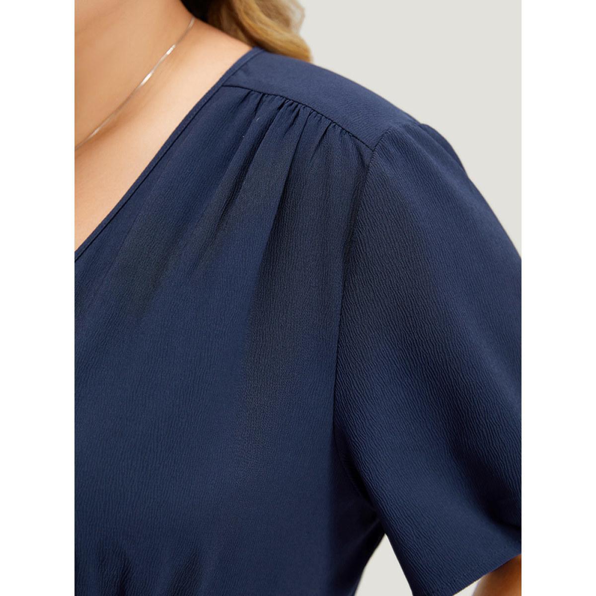 Plus Size Plain Pocket Button Detail V Neck Plicated Knot Dress Indigo Women Elegant Plain V-neck Short sleeve Curvy Midi Dress BloomChic 22-24/3X Product Image