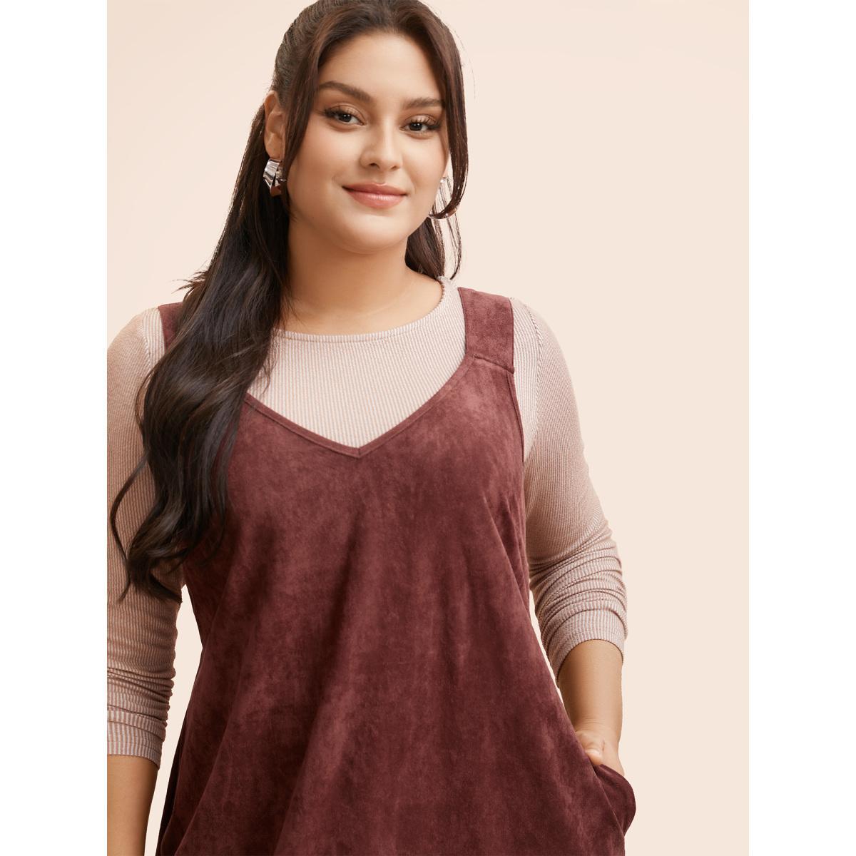 Plus Size Faux Suede Pocket Overall Dress Burgundy Women Casual Eyelet V-neck Sleeveless Curvy BloomChic 30/6X Product Image