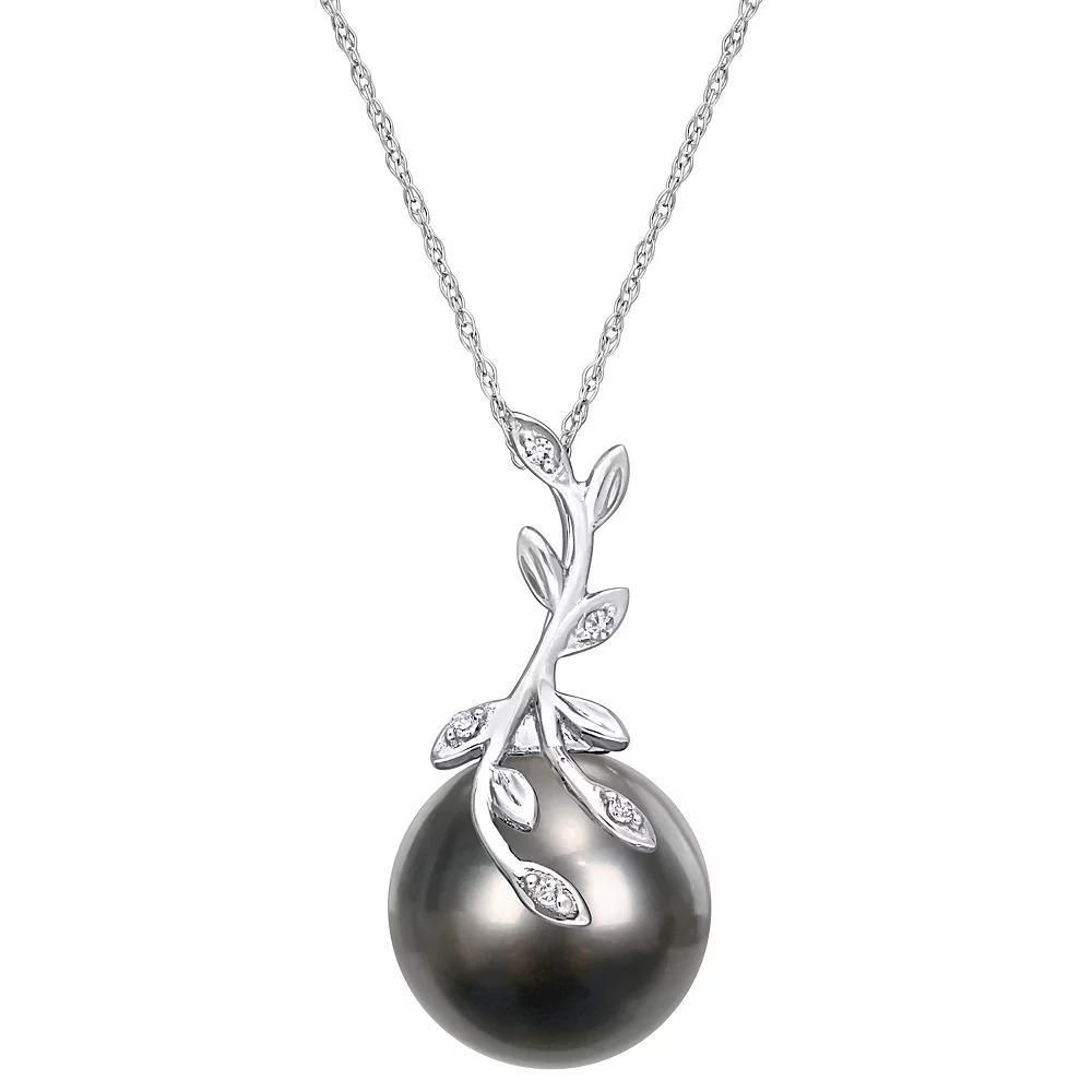 Stella Grace 14k White Gold Tahitian Cultured Pearl & Diamond Accent Leaf Pendant Necklace, Women's, Size: 17" Product Image