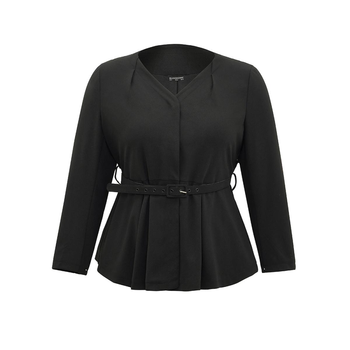 Plus Size Solid Pleated Button Up Belted Blazer Black Women Work Plain Plain Sleeve Long Sleeve Open Front 10/M Belt Work From Home Blazers BloomChic Product Image