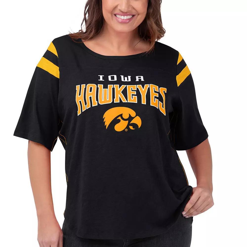 Women's G-III 4Her by Carl Banks Black Iowa Hawkeyes Plus Size Linebacker Half-Sleeve T-Shirt, Size: 2XL Product Image