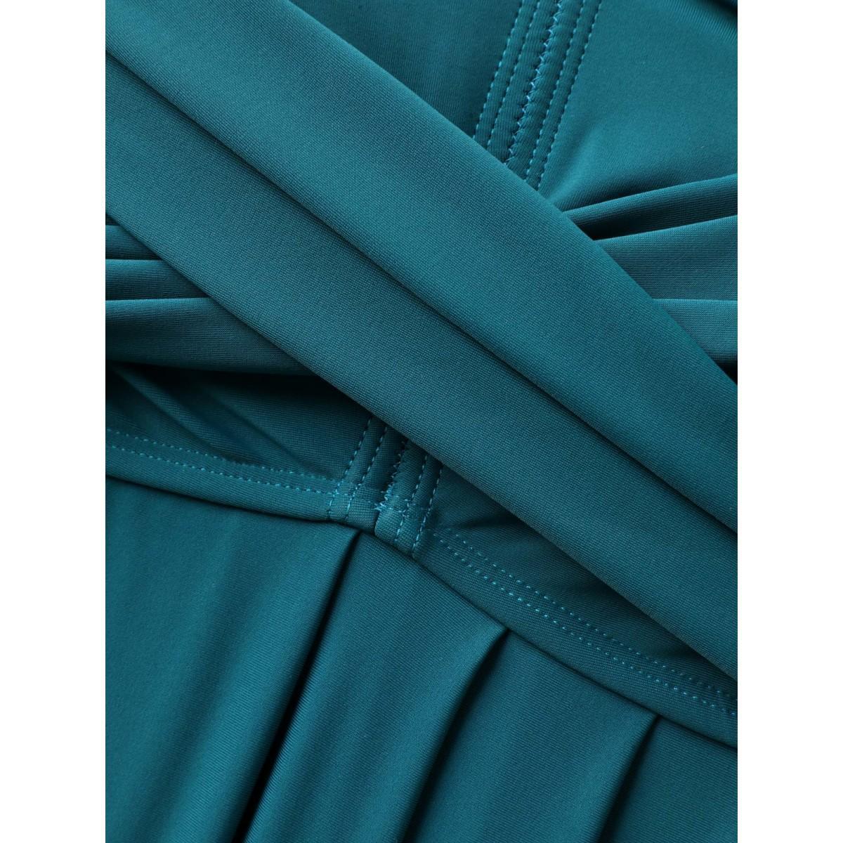 Plus Size Twist Front Arc Hem Adjustable Swim Top Women's Swimwear Teal Beach Twist High stretch Bodycon V-neck Curve Swim Tops BloomChic 28/5X Product Image