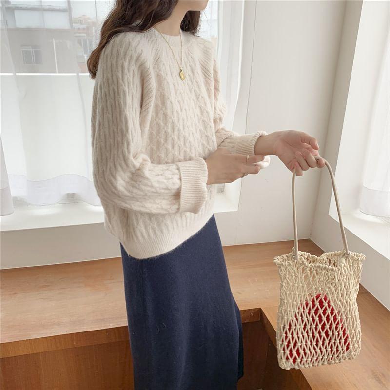 Round Neck Plain Cable Knit Sweater Product Image