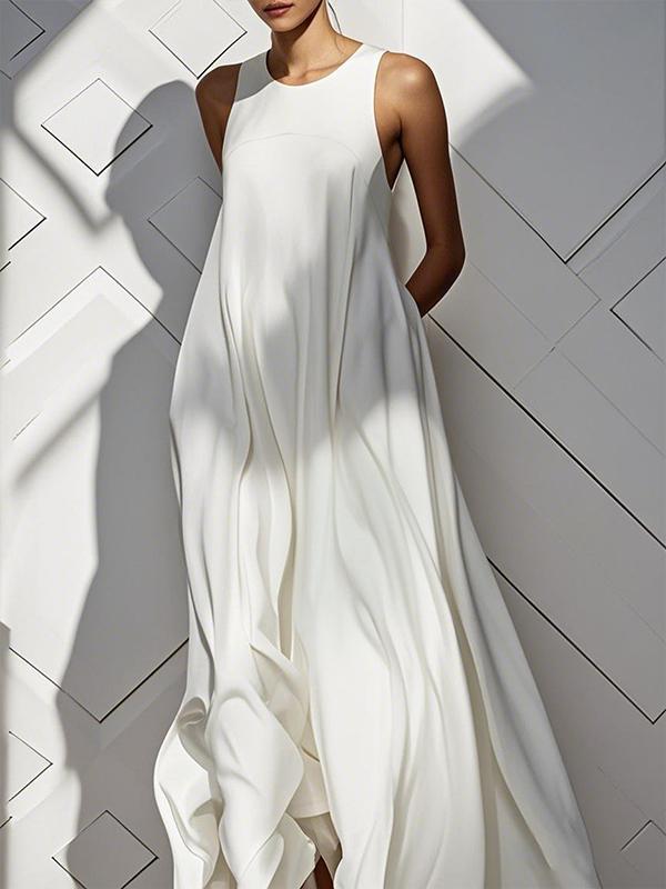 Loose Sleeveless Pockets Solid Color Split-Joint Round-Neck Maxi Dresses Product Image