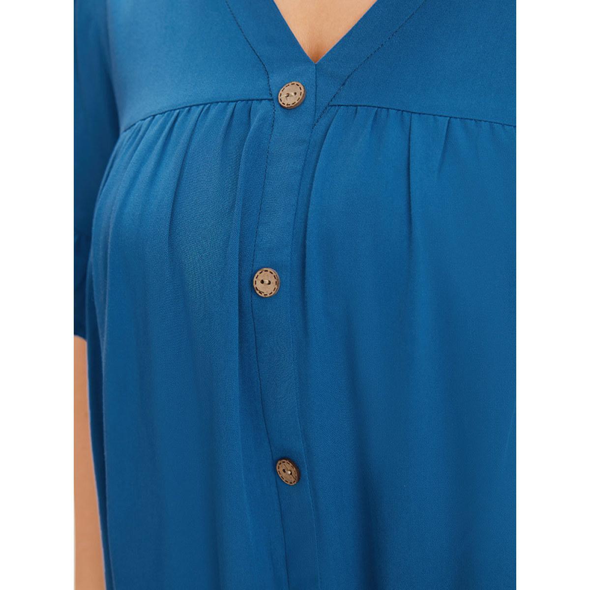 Plus Size Aegean Solid Flutter Trim Pleated Button Detail Blouse Women Office Short sleeve V-neck Work Blouses BloomChic 12/L Product Image