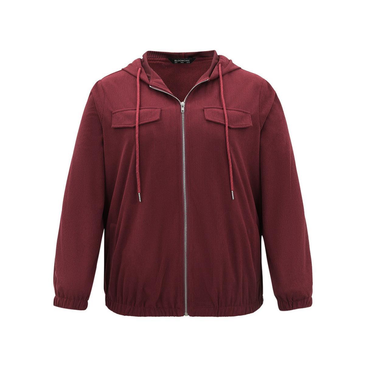 Plus Size Corduroy Hooded Flap Pocket Ties Jacket Women Burgundy Elastic cuffs Pocket Everyday Jackets BloomChic 30/6X Product Image