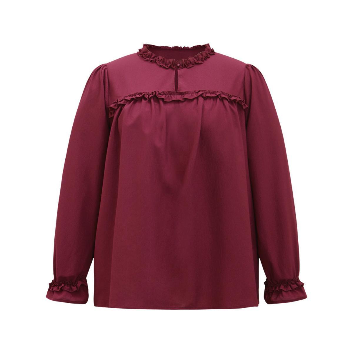 Plus Size Maroon Solid Frill Trim Puff Sleeve Blouse Women Office Long Sleeve Round Neck Work Blouses BloomChic 12/L Product Image