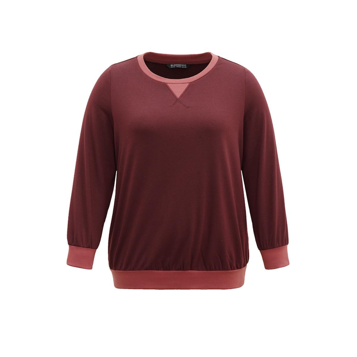 Plus Size Contrast Patchwork Stitch Detail Elastic Cuffs Sweatshirt Women Maroon Casual Plain Round Neck Dailywear Sweatshirts BloomChic 14-16/1X Product Image