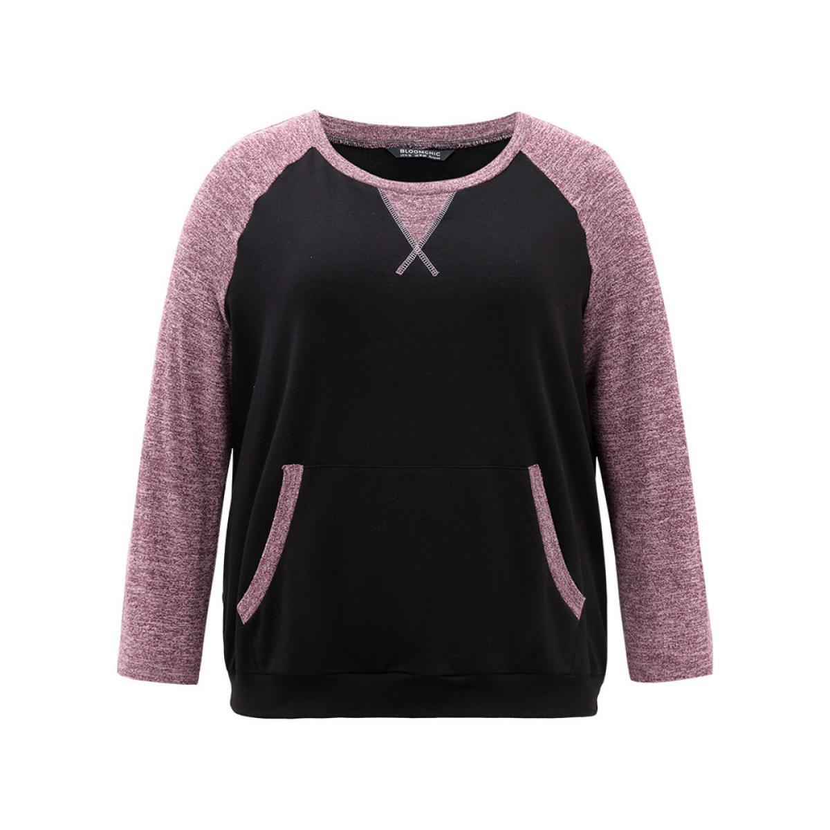 Plus Size Heather Stitch Pocket Raglan Sleeve Sweatshirt Women Black Casual Contrast Round Neck Dailywear Sweatshirts BloomChic 12/L Product Image