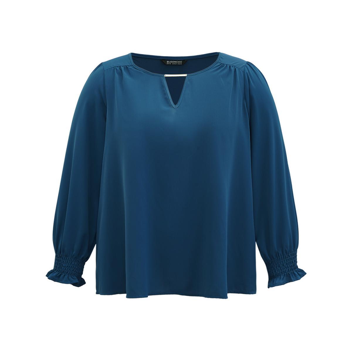 Plus Size Aegean Static-Free Plain Metal Detail Keyhole Shirred Blouse Women Office Long Sleeve Keyhole Cut-Out Work Blouses BloomChic 28/5X Product Image
