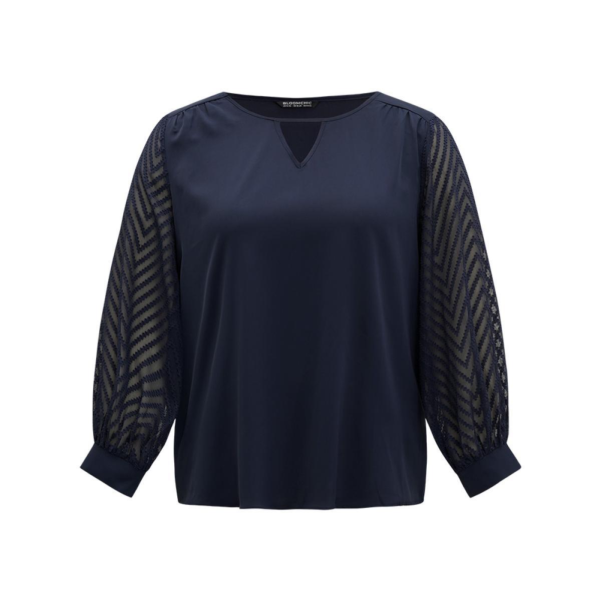 Plus Size Black Plain Keyhole Lace Patchwork Lantern Sleeve Blouse Women Office Long Sleeve Keyhole Cut-Out Work Blouses BloomChic 30/6X Product Image