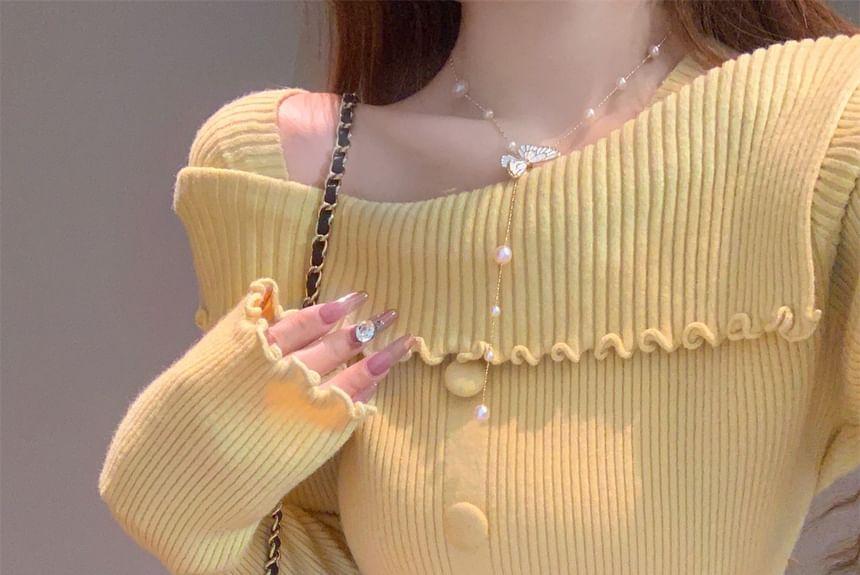 Long-Sleeve Boat Neck Lettuce Edge Ribbed Button Knit Top Product Image