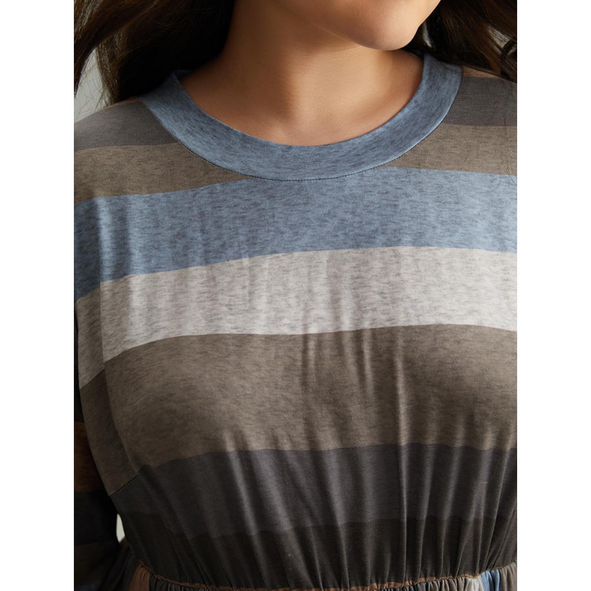 Plus Size Striped Colorblock Contrast Lantern Sleeve Dress Multicolor Women Casual Elastic cuffs Round Neck Long Sleeve Curvy Midi Dress BloomChic 12/L Product Image