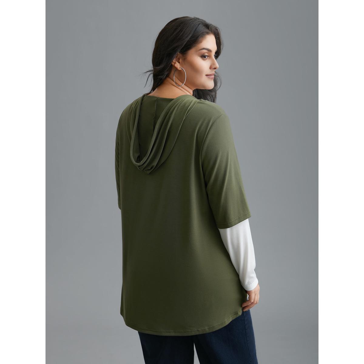 Plus Size Color Contrast Combined Hoodie Shirt ArmyGreen Women Casual Contrast Hooded Loose Everyday T-shirts BloomChic 18-20/2X Product Image