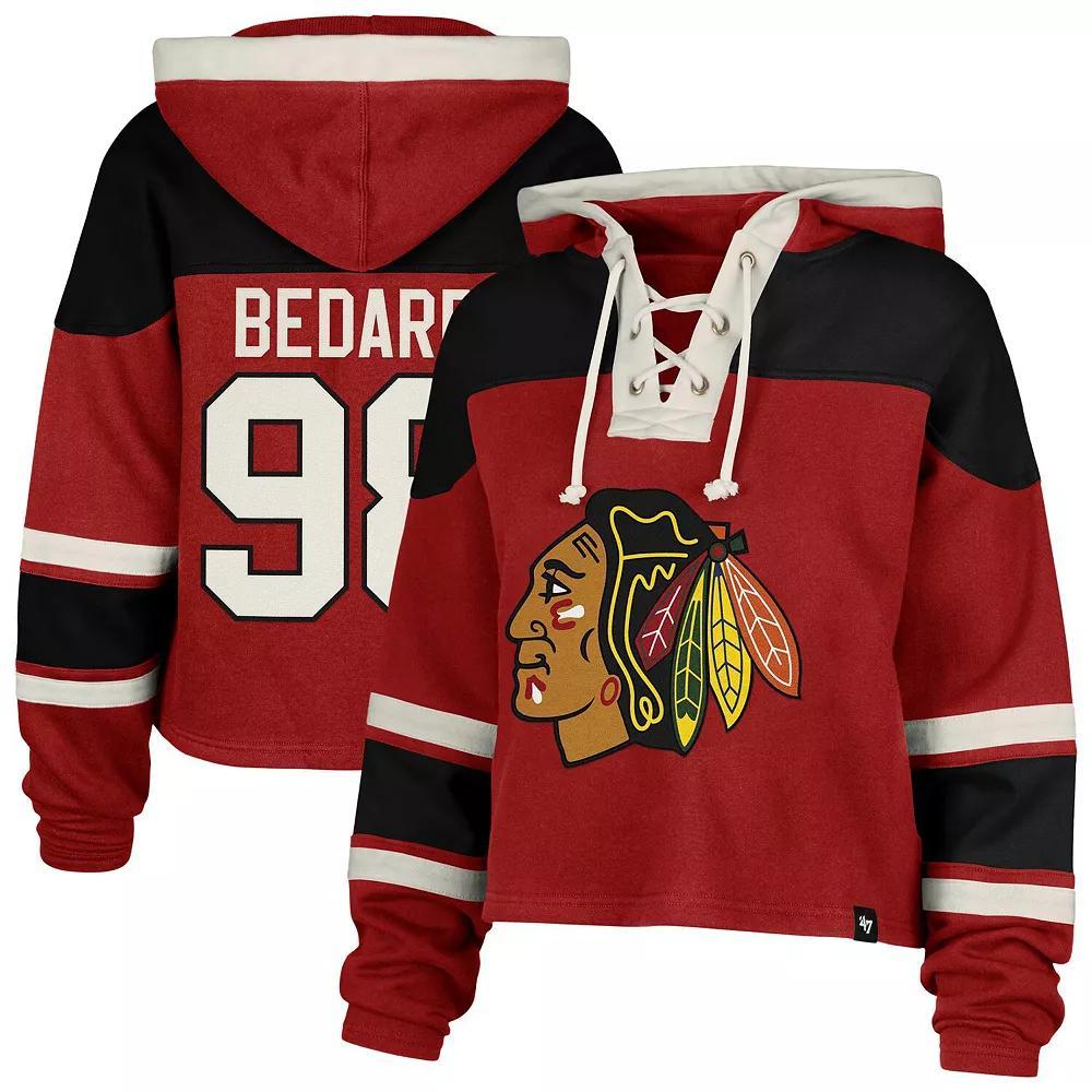 Women's '47 Connor Bedard Red Chicago Blackhawks Superior Lacer Cropped Pullover Hoodie, Size: XL Product Image
