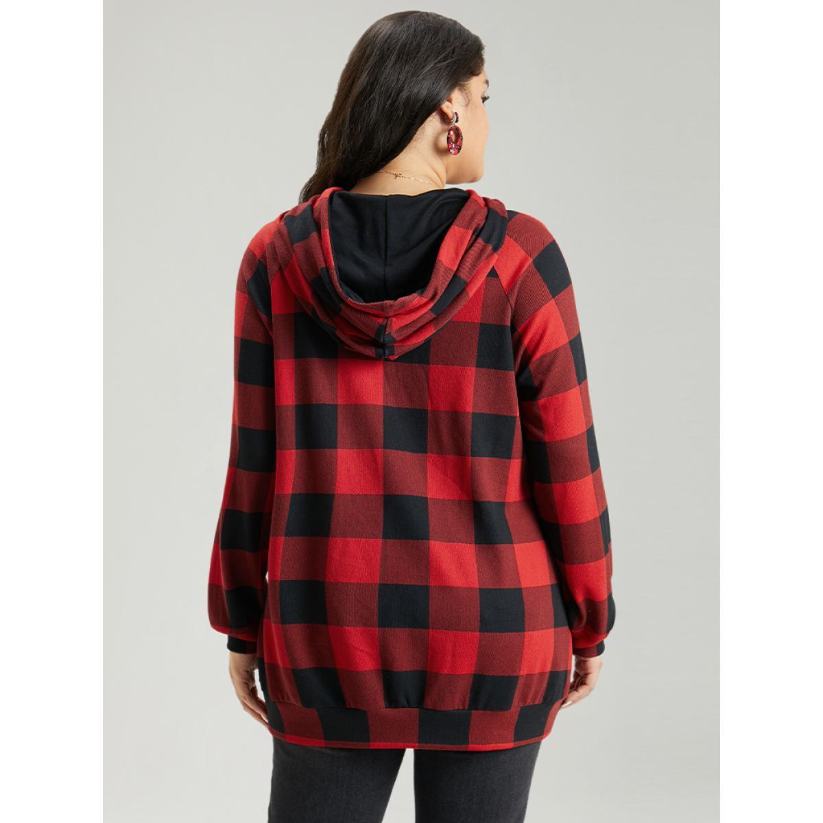 Plus Size Letter Plaid Hooded Drawstring Pocket Sweatshirt Women Red Casual Elastic cuffs Hooded Festival-Christmas Sweatshirts BloomChic 10/M Product Image