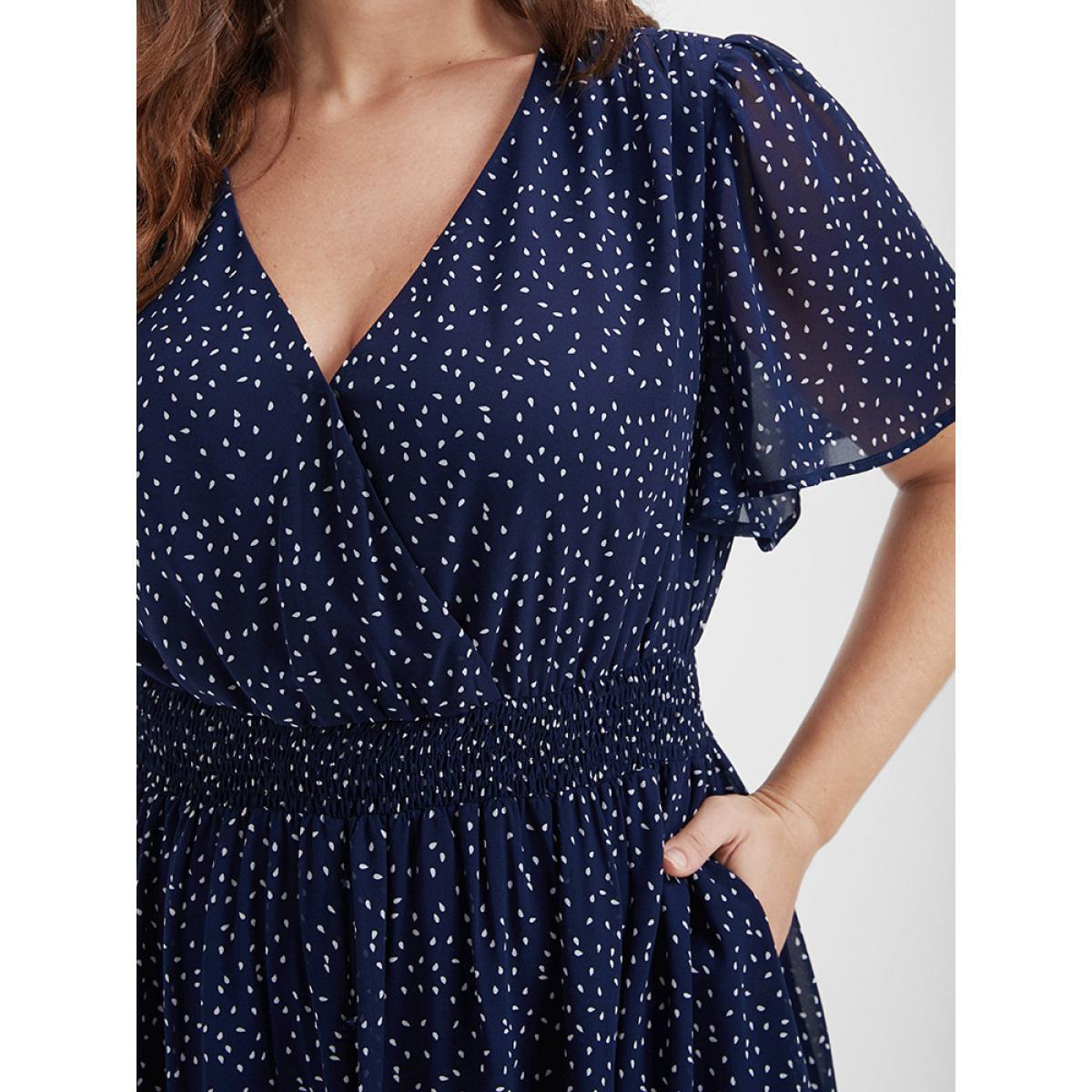 Polka Dot Printed Plus Size Women Midi Dress Dailywear Ruffle Sleeve Short Sleeve V Neck Pocket Elegance Dresses BloomChic Product Image