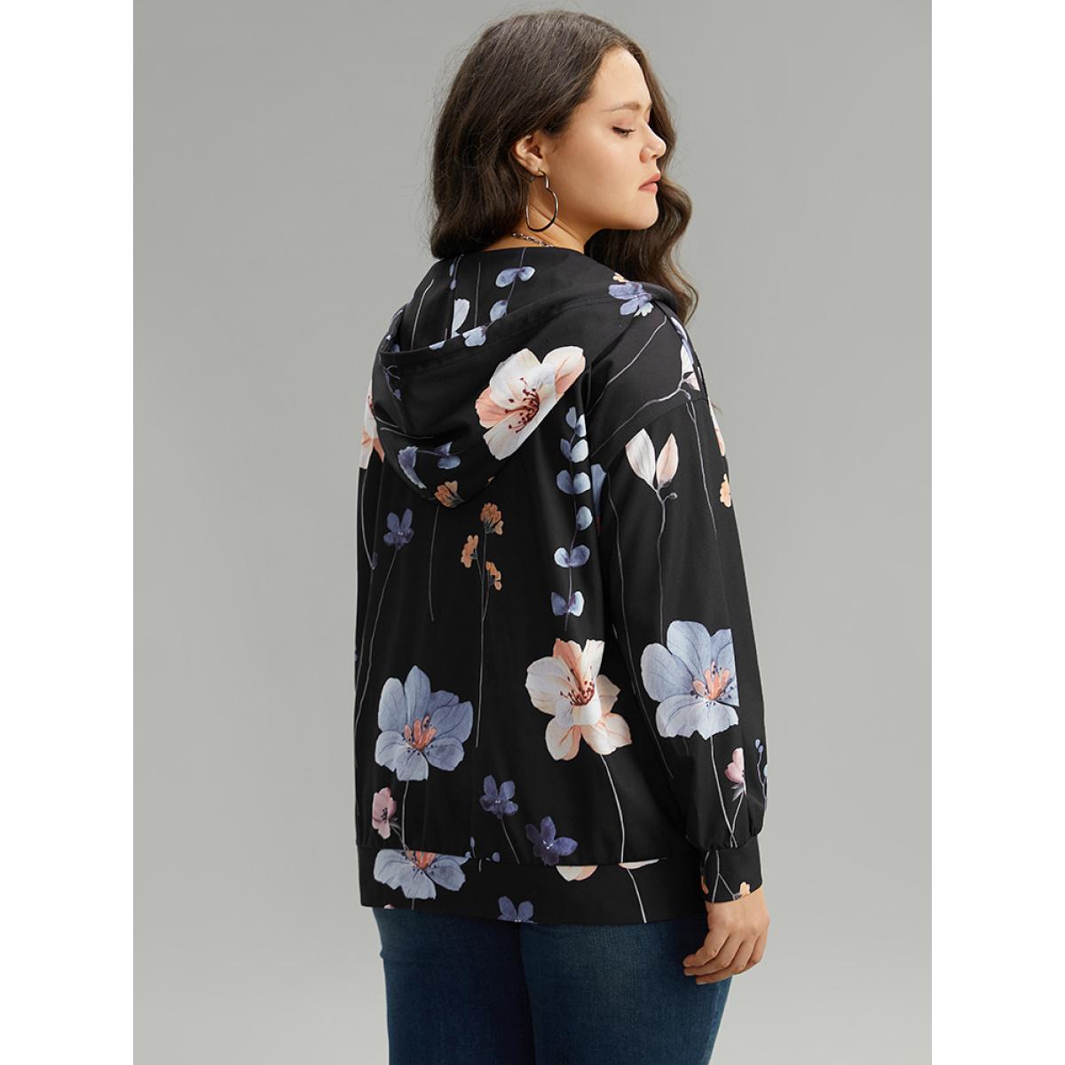 Plus Size Floral Print Zipper Hooded Pocket Windbreaker Women Black Printed Pocket Dailywear Jackets BloomChic 18-20/2X Product Image