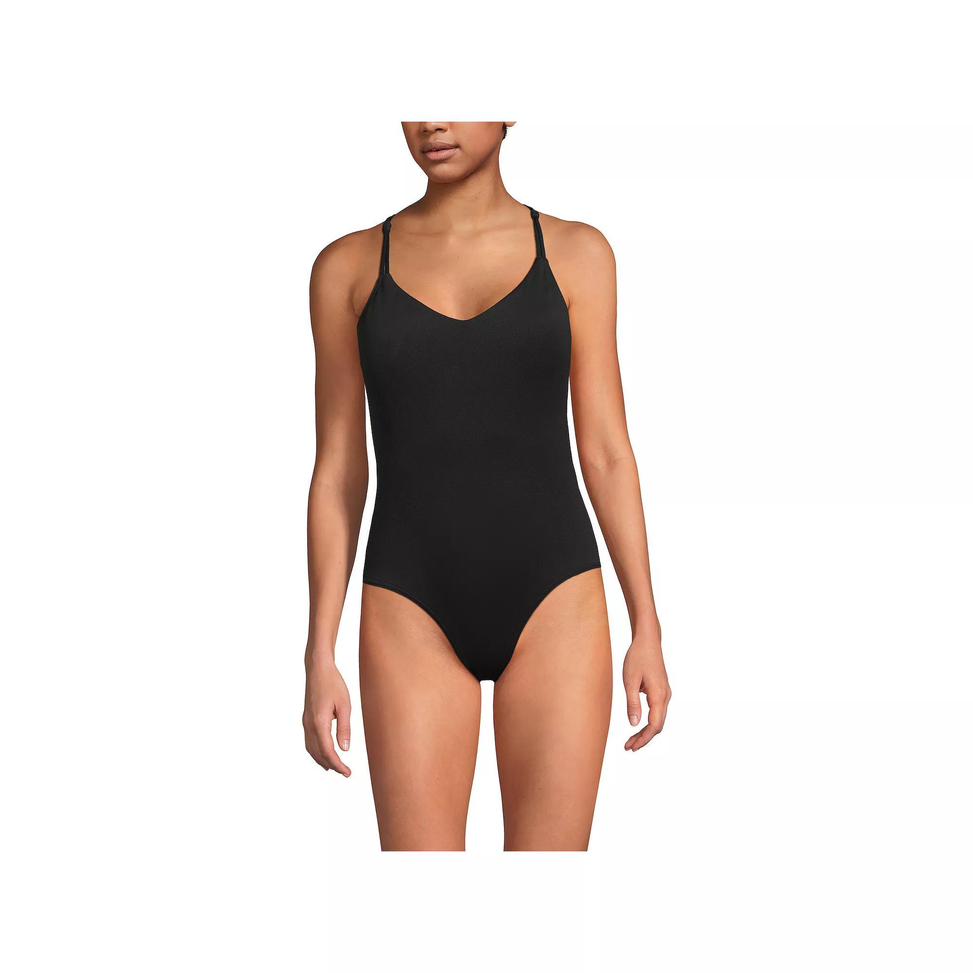 Womens Lands End Tugless Luxe V-Neck Convertible High Leg One Piece Swimsuit Neon Orange Product Image