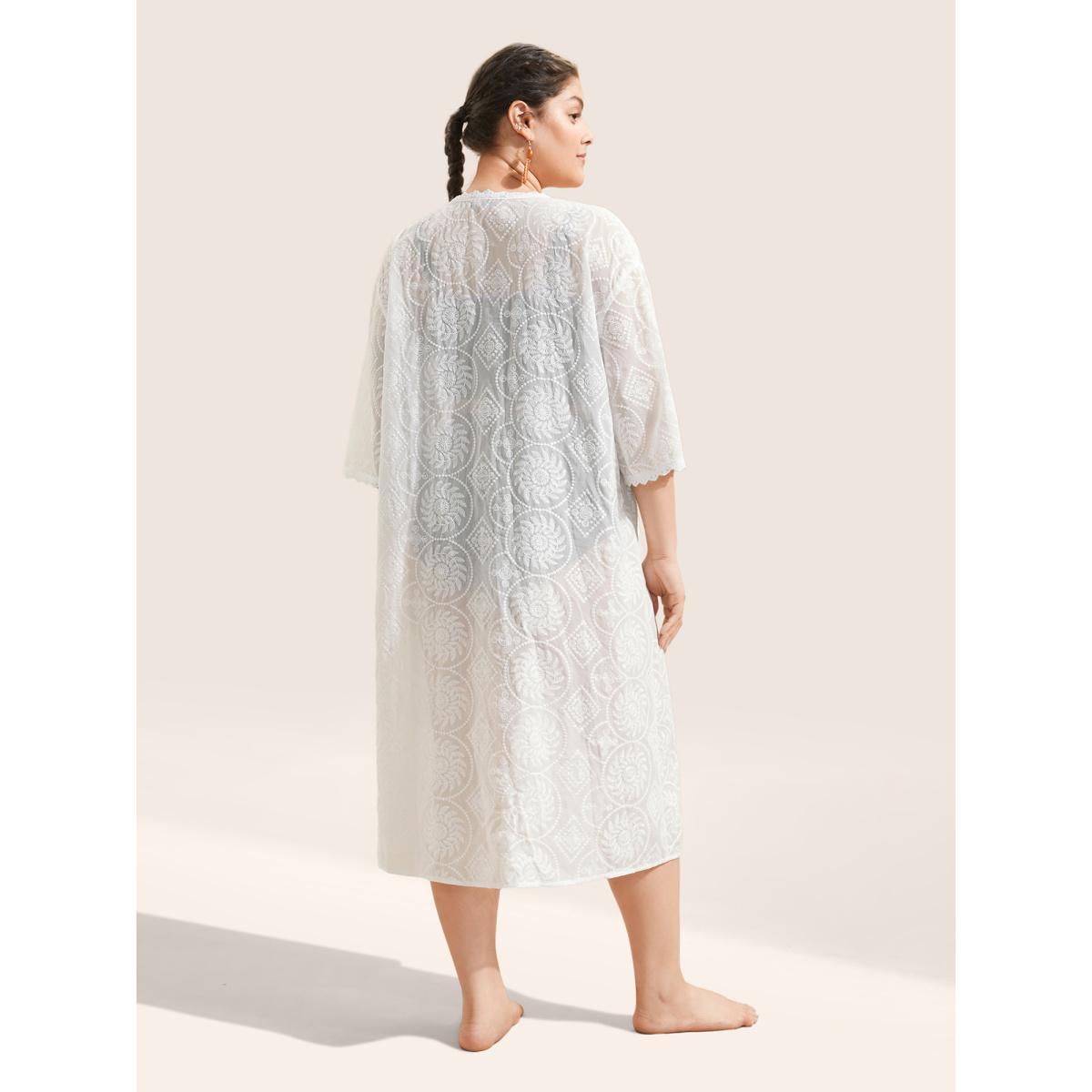 Plus Size Mesh Embroidered Lace Patchwork Ties Kimono Women White Resort Non Vacation Kimonos BloomChic 22-24/3X Product Image