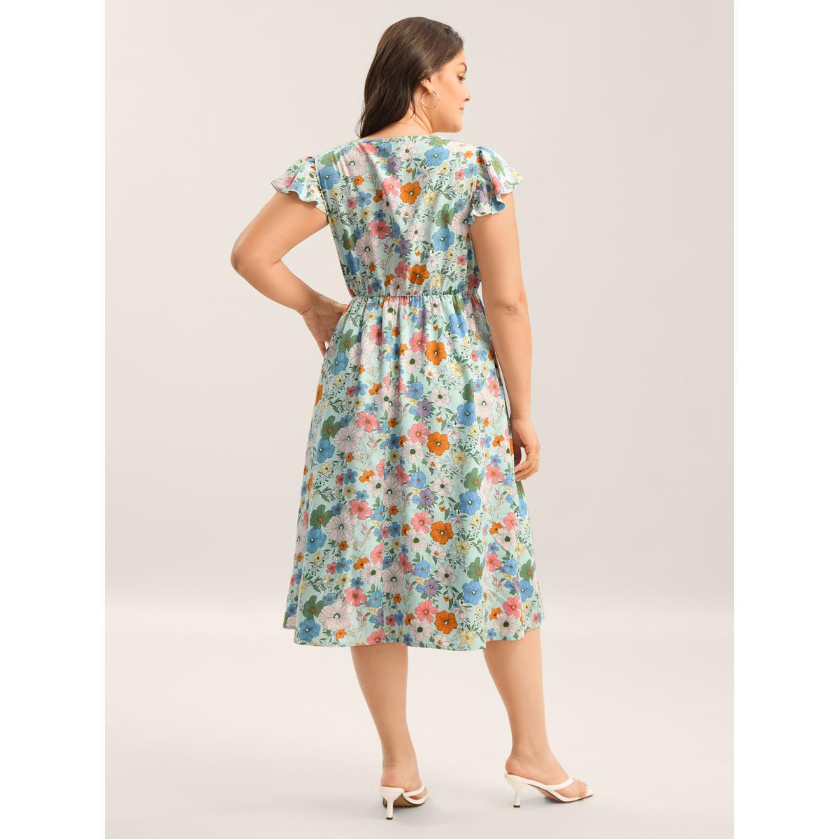 Plus Size Floral Print Flutter Sleeve Pockets Midi Dress LightBlue Women Square Neck Cap Sleeve Curvy BloomChic 22-24/3X Product Image